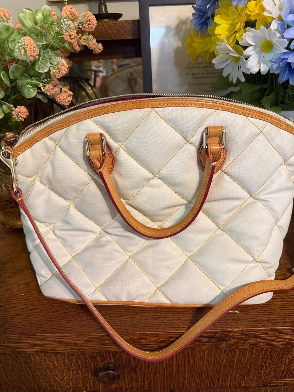 Dooney & Bourke White Quilted Satchel with Tan Leather Trim and Handles
